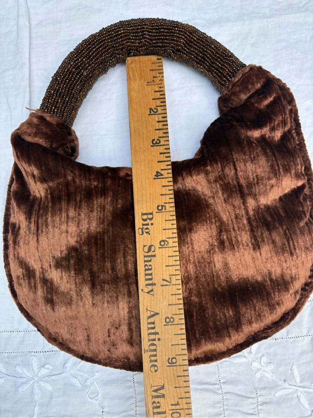 Vintage Crushed Brown Velvet Clutch with Beaded Handle